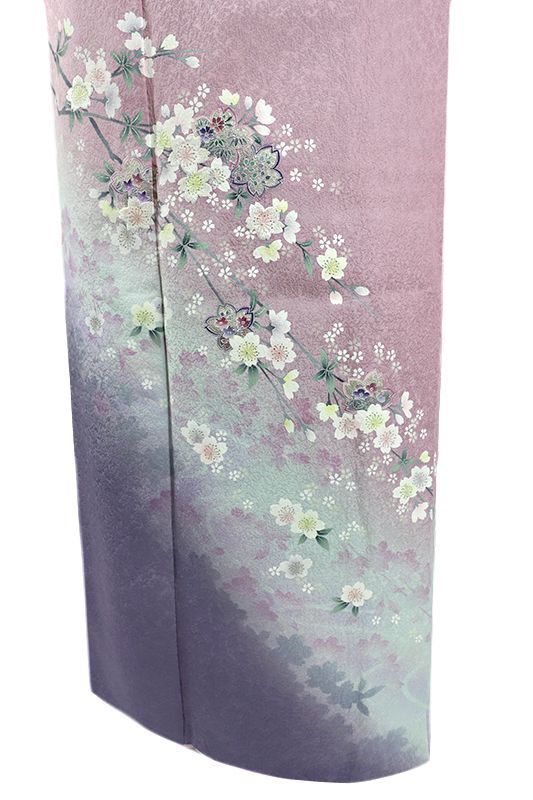 中古】訪問着 正絹 金彩加工 最高級ちりめん ピンク ぼかし 紫 花 桜