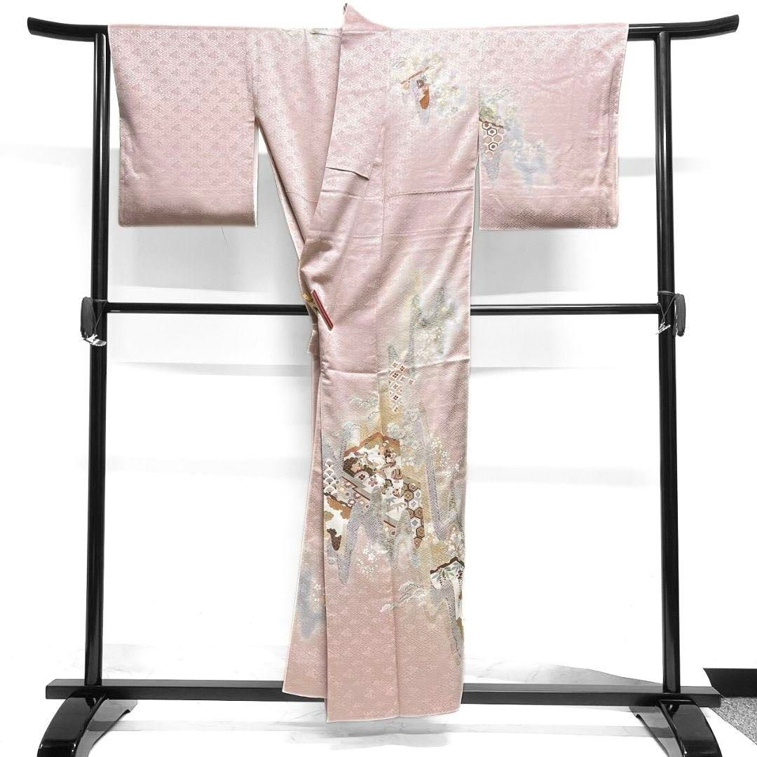 付け下げ 紬 抽象模様 水墨画 レッド グレー 着物 034a d