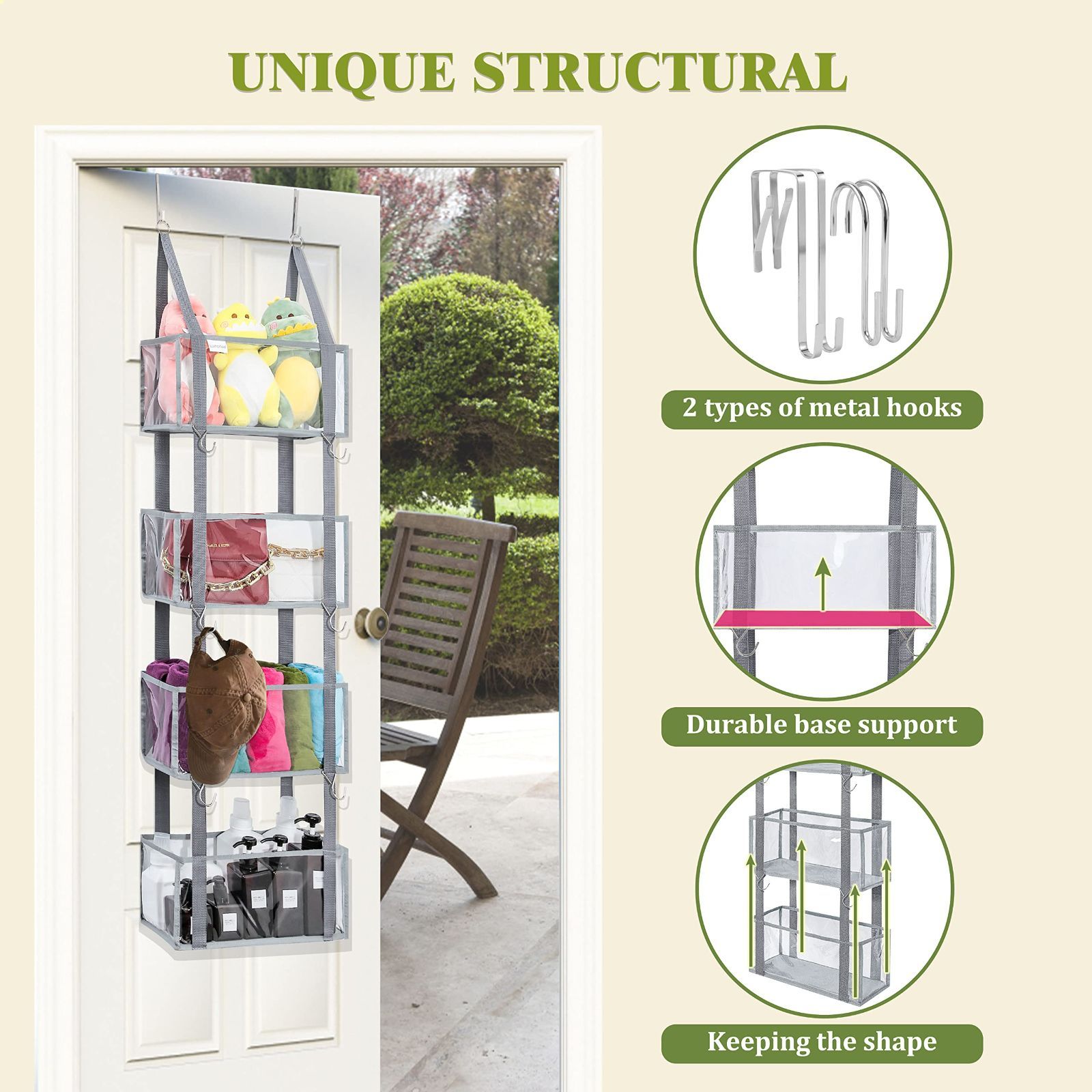 小物収納 耐用 透明窓付き 4段の大容量 カバン収納 ロッカー 4xフック付き バッグ収納 タオルの収納 ぬいぐるみ カバン おもちゃ 書類 漫画など 下着 取り付け簡単 壁掛け収納ポケット ドア掛け収納式ポケット ドアフック ドア吊り下げ収納 ウォールポケッ