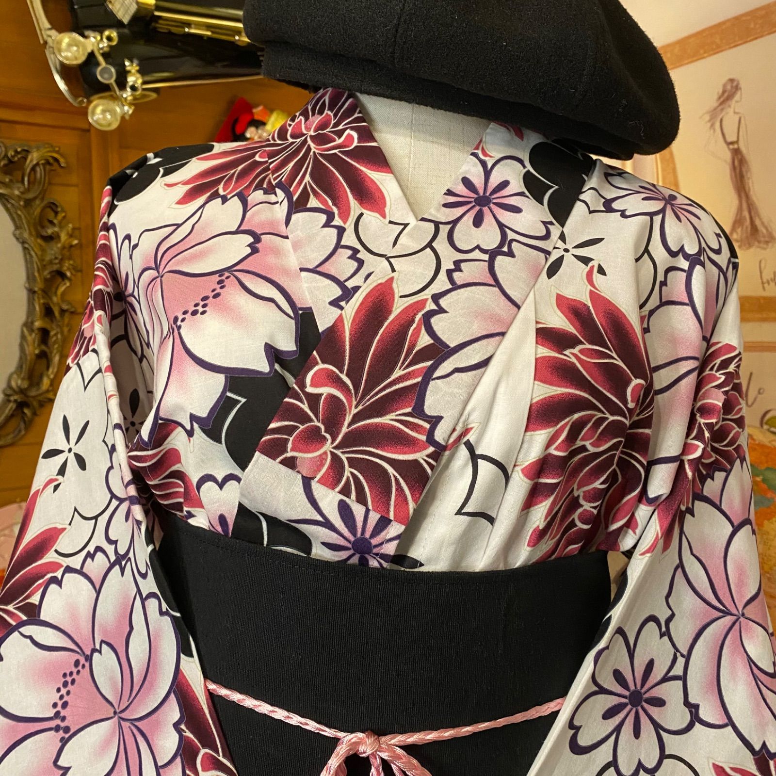 華麗な白百合の柄 高級浴衣リメイクワンピース 華麗な白百合の柄 高級浴衣リメイクワンピース