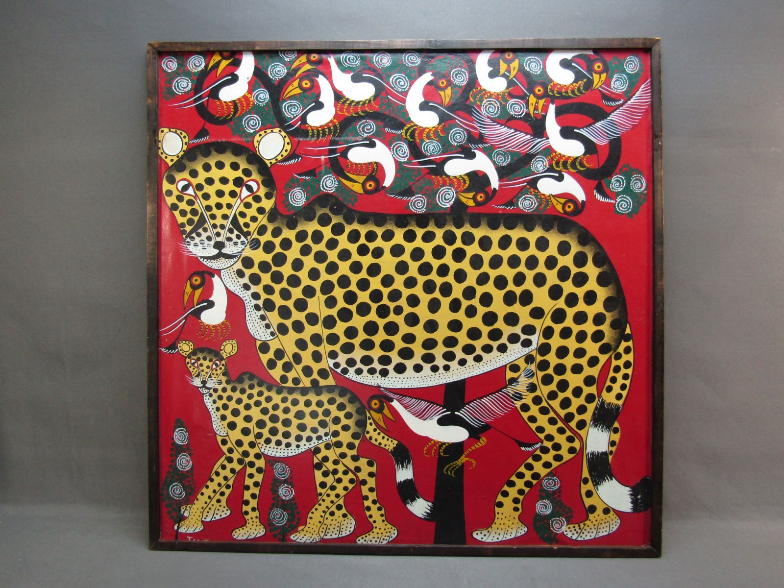 油絵、虫、アフリカアート ティンガティンガ・アート 324「大地に集う動物たち～青い