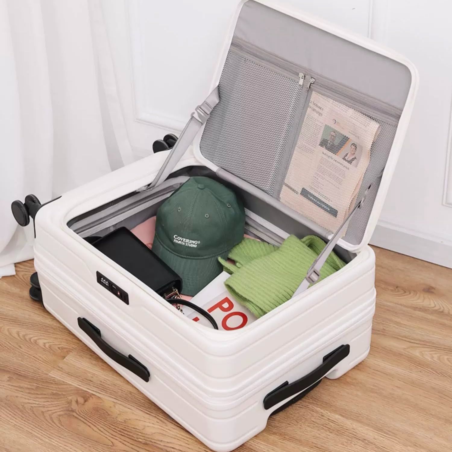 Yuweijie スーツケース キャリーケース 片開き 拡張機能付き フロントオープン 大容量 機内持ち込み 超軽量 ファスナータイプ カップホルダー キャリーバッグ 横開き ハード TSAロック ビジネス 旅行 出張 1-3泊 ホワイト 40