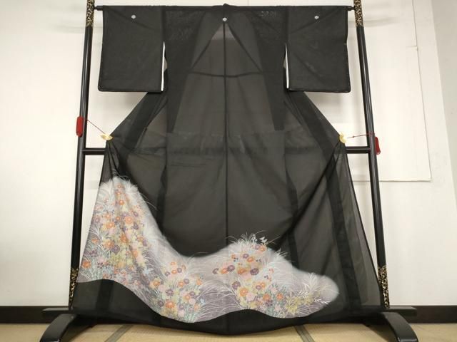 平和屋着物＊夏物 黒留袖 絽 草花文 暈し染め 洗える着物 ♥ AABB0636st