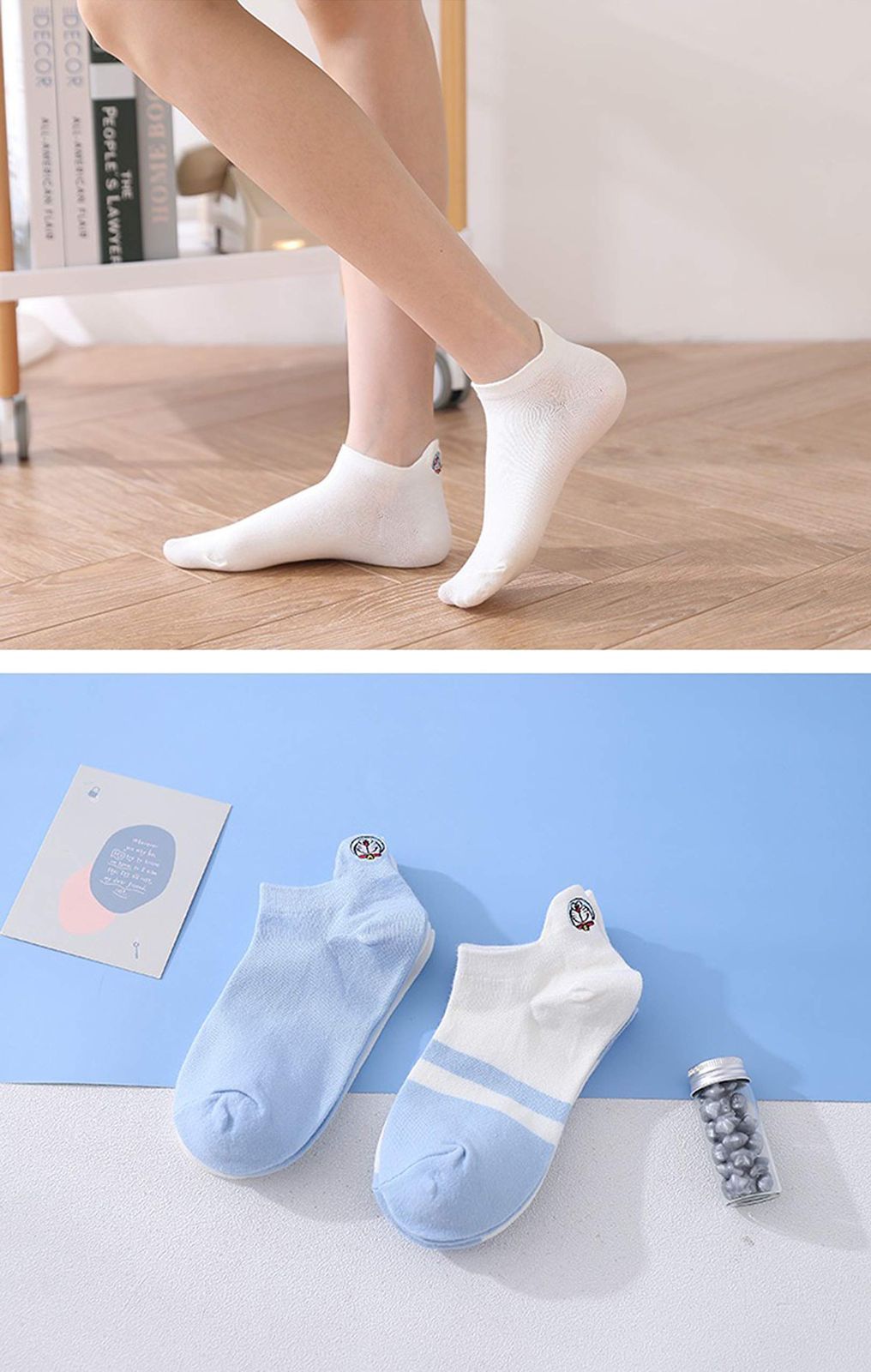  脱げない 蒸れない 防臭 トン コッ 綿 女の子 22 25 cm 女子 婦人 刺繍 春夏用 青＆白 薄手 ソックス くつ下 くるぶし 5足セット レディース 靴下 Mukeyo レジャーシート 靴下 アウトドアウェア小物