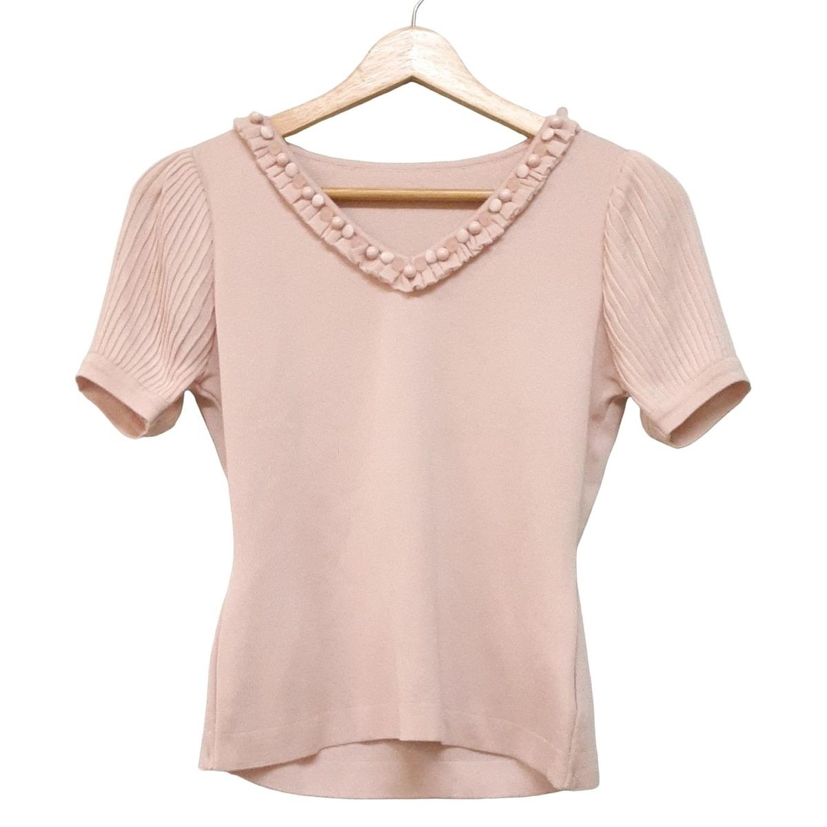 Rene ルネ 半袖セーター サイズ36 S レディース - ライトピンク Vネック ビーズ フリル プリーツ