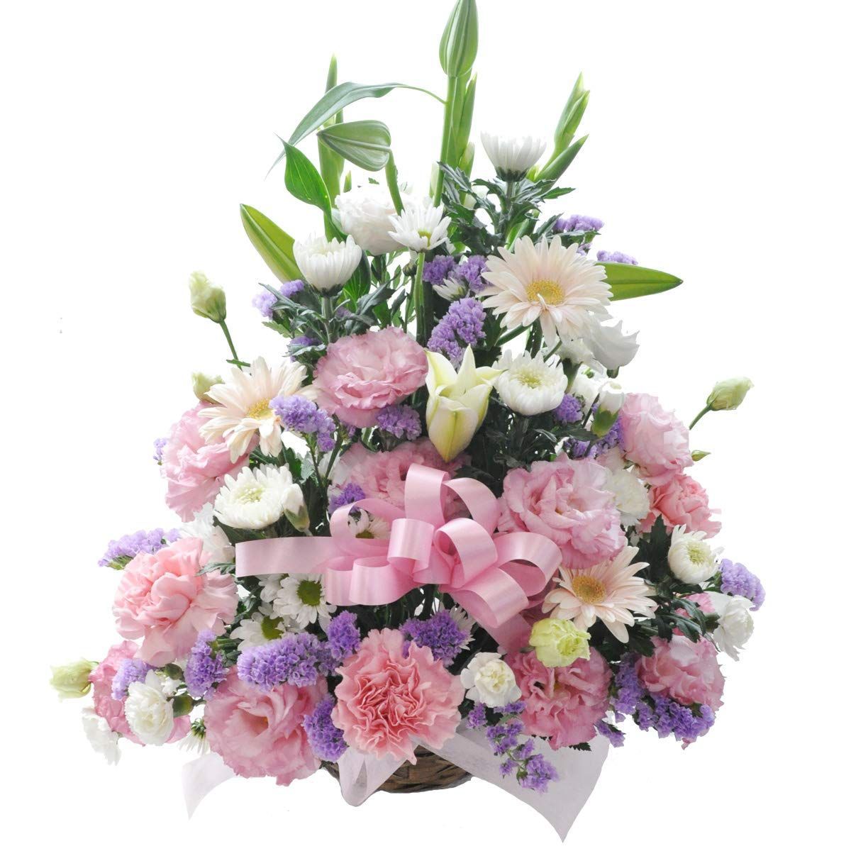 在庫 入り リボン 高さ50cm ユリ サイズ L フラワーアレンジメント 生花 ピンク 四十九日 法要 お悔み お供え
