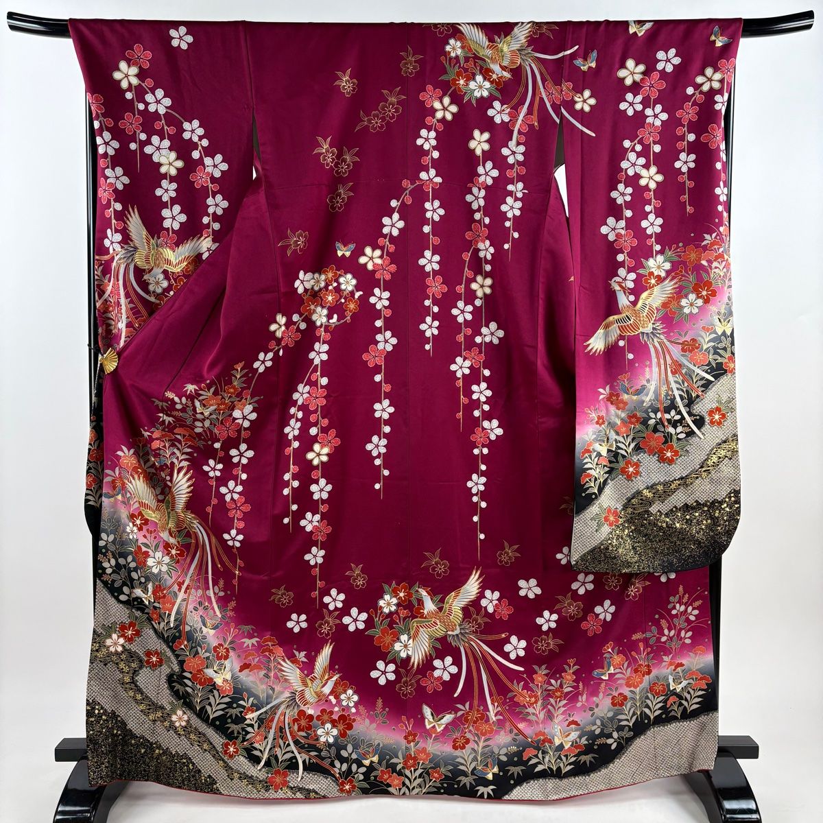 振袖フルセット袷 草花 花びら 金彩 箔 えんじ色 正絹 振袖セット 振袖フルセット 正絹振袖 流水花文 暈し染 金銀彩
