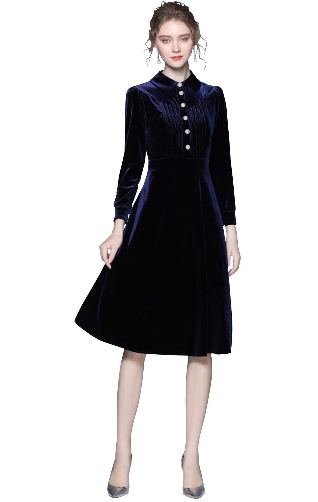 EightSTAR Dress 結婚式 ドレス Aライン ベロア レトロ 二次会 同窓会 お呼ばれ ワンピース レディース きれいめ 長袖 パーティードレス ミモレ丈 ゲスト 服 M ネイビー