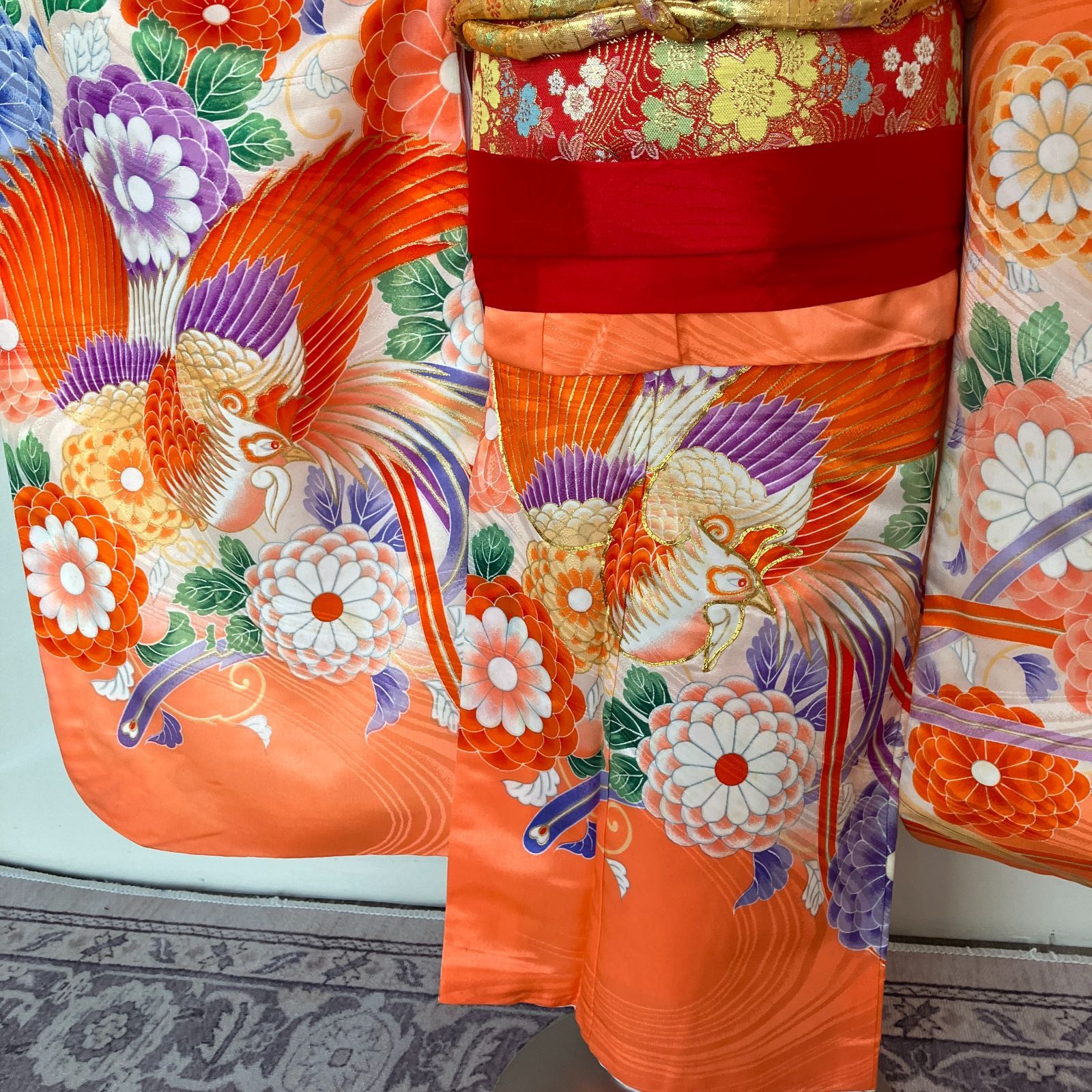 セット　七五三　7歳女の子　長着＆袋帯＆長襦袢＆小物　オレンジ　金糸金プリ菊亀甲 七五三 7歳女の子着物 長襦袢 帯セット 帯揚げ帯締めしごき付き