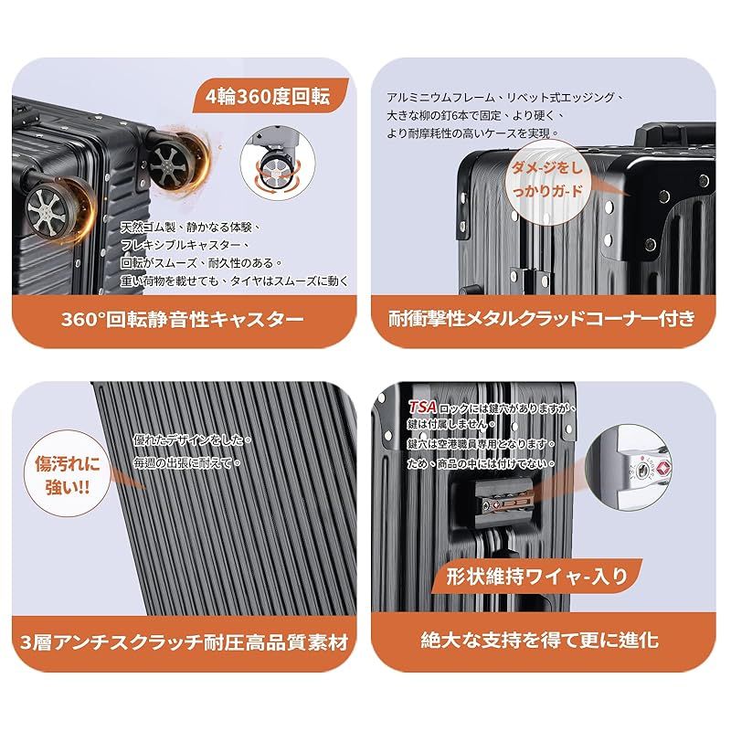 Yuweijie スーツケース アルミフレーム キャリー ケース機内持ち込み 預け入れスーツケース 大型トロリーケース 軽量キャリーバッグ 静音ダブルキャスター 耐衝撃 旅行 ビジネス 出張 tsaロック付 保護カバー付き ブラック Mサイズ22inc 0 DECORATOM_COM_BR