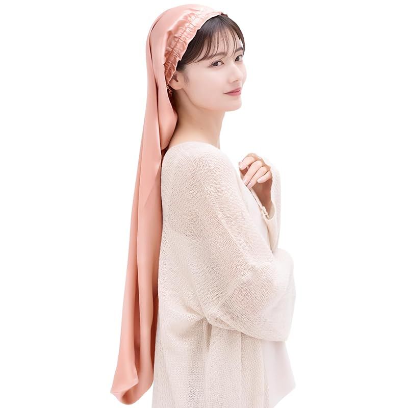 [COCOSILK] シルク ナイトキャップ ロングヘア用 シルクキャップ 筒型 ナイトキャップ ロング 髪 シルク100% 筒 ロングヘア 筒状 ヘアキャップ (90cm， Free Size， ピンク)