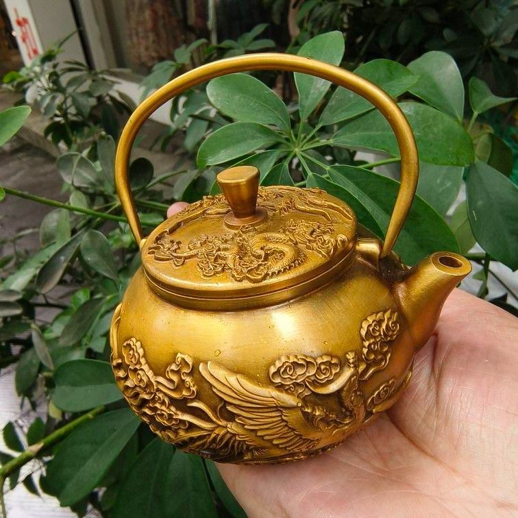 銅製   龍鳳提梁茶壺  茶道具 煎茶道具 浮き彫り 工芸品 美術品 置物 銅器 龍鳳徳利 茶道具 煎茶道具 浮き彫り 工芸品 美術品 置物