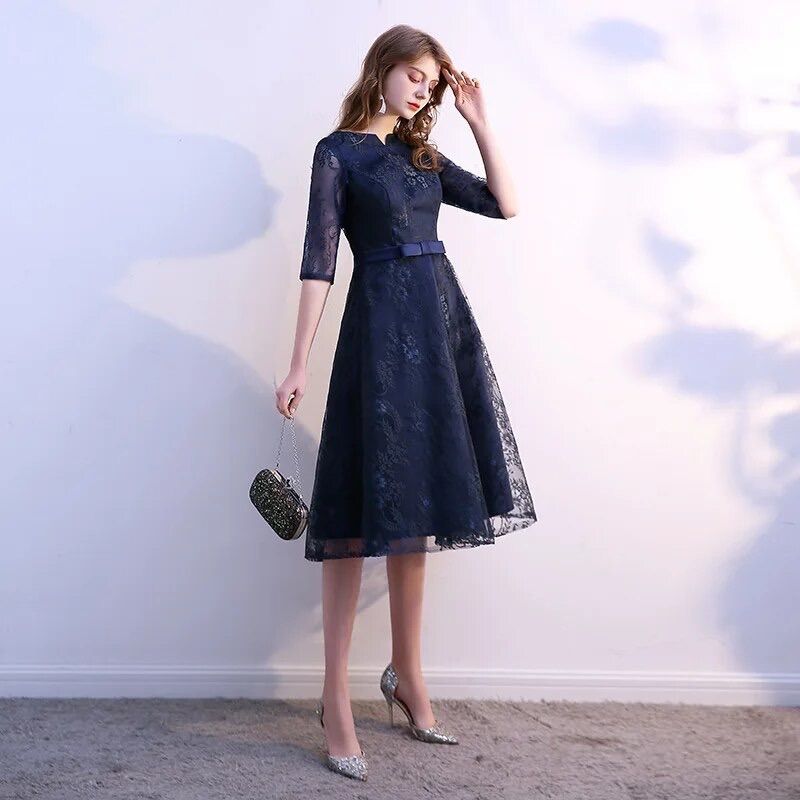 新品未使用 XS-XXXL レース 結婚式 お呼ばれ ドレス ミモレ丈