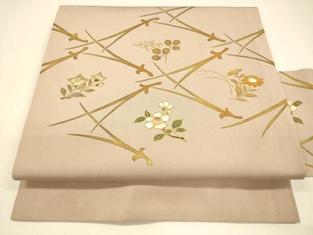 平和屋着物●塩瀬　九寸名古屋帯　草花松葉文　金彩　正絹　逸品　DAAY8218cm 平和屋着物○塩瀬 九寸名古屋帯 草花松葉文 金彩 正絹 逸品 DAAY8218cm