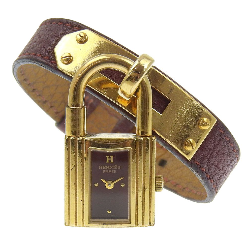 HERMES エルメス ケリーウォッチ 金メッキ×レザー クオーツ アナログ表示 レディース ワインレッド文字盤 腕時計