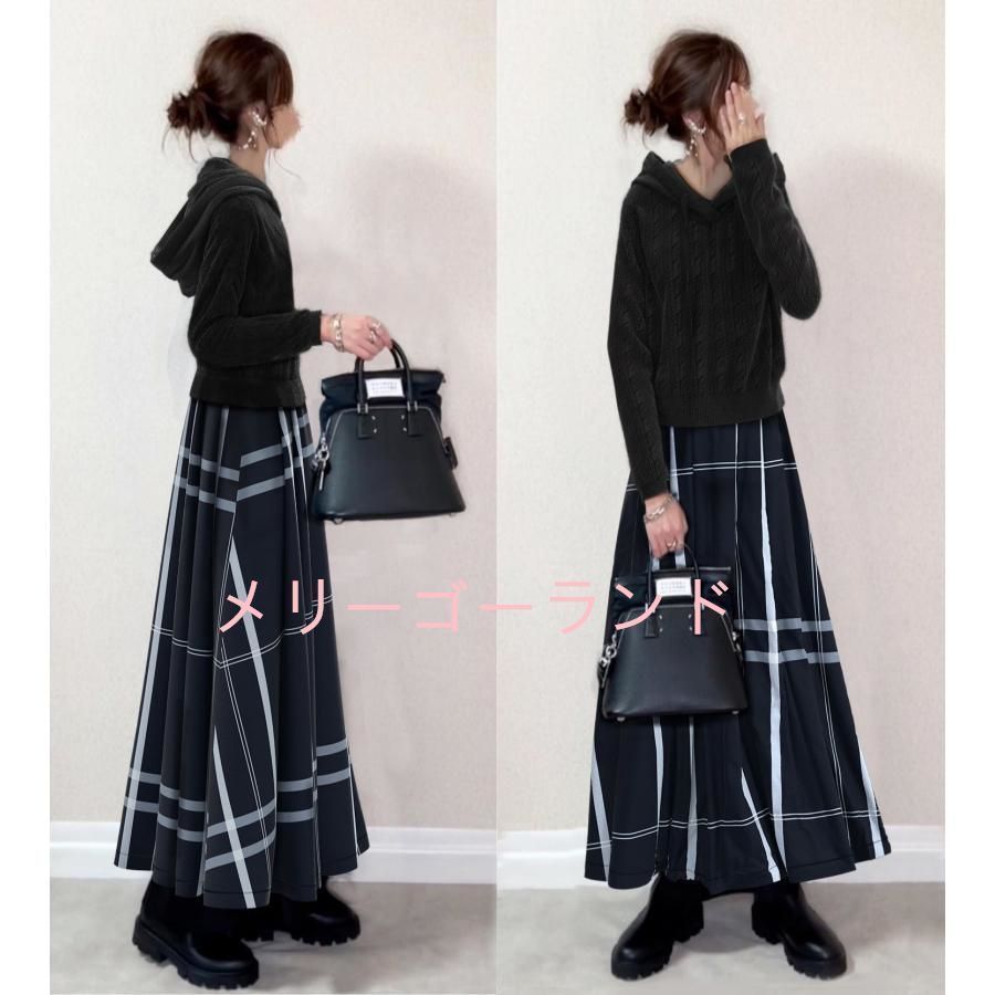 新品 レディース セーター フレアスカート ロングスカート チェック柄 着痩せ 2点セット