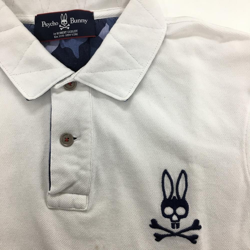 【日本製】サイコバニー 半袖 ポロシャツ 迷彩 カモフラージュ 古着 サイコバニー 半袖ポロシャツ ネイビー 襟裏カモフラ柄 迷彩 スカル