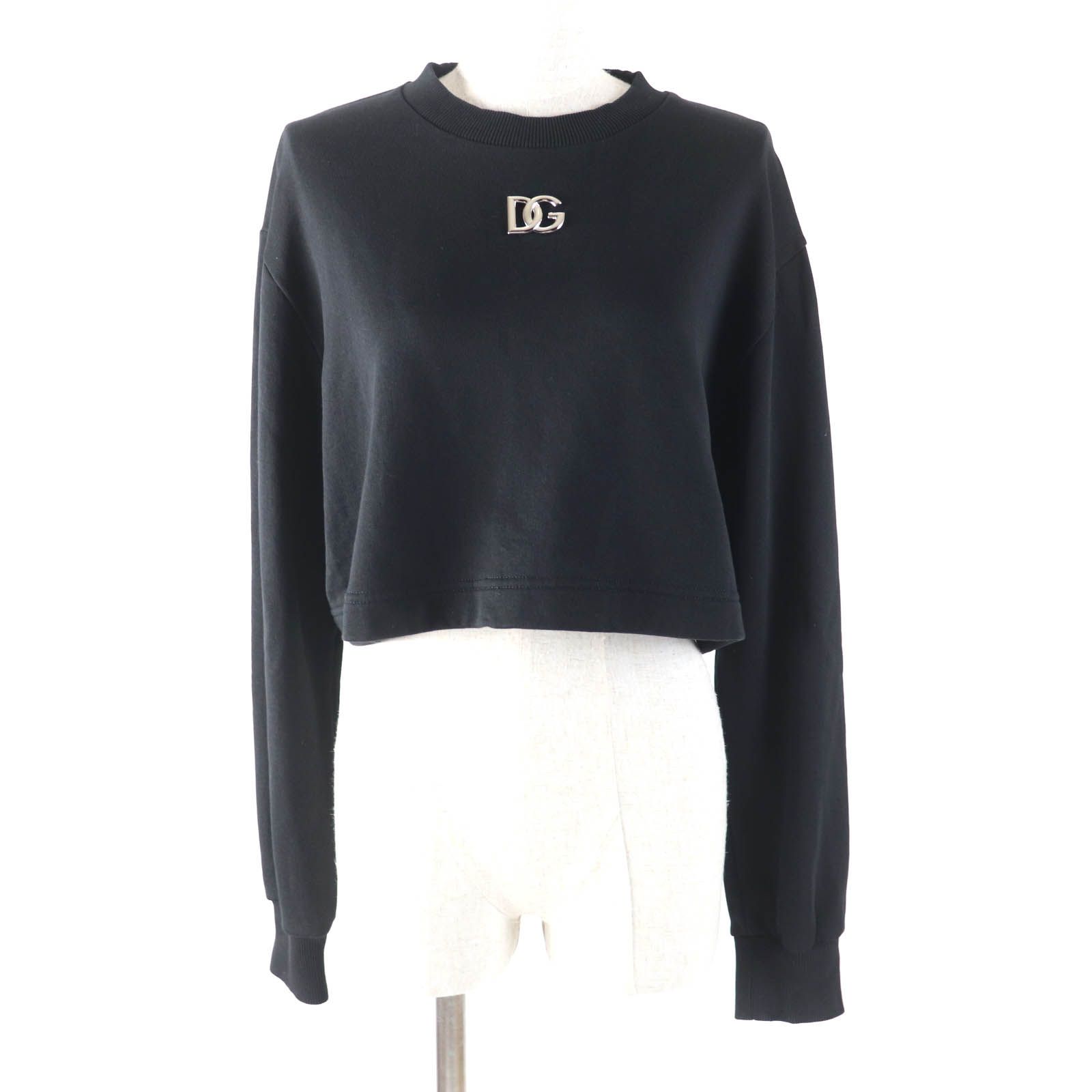 DOLCE-GABBANA ドルチェ＆ガッバーナ F9N80Z コットン100％ DGプレートロゴ クロップド スウェット トレーナー ブラック 38 イタリア製 レディース