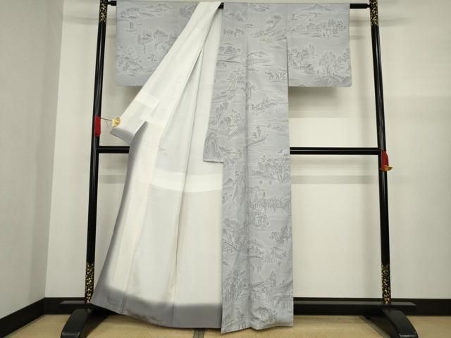 平和屋着物▽本塩沢 単衣 市松花文 正絹 逸品 DAAV5341az