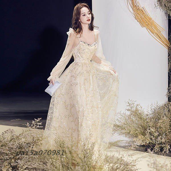 ドレス 大人 ピアノ 発表会 ロングドレス 大きいサイズ 結婚式 長袖 黒 ロング 小さいサイズ 演奏会用ドレス 母親 袖付き 披露宴 演奏会 pai5a070981