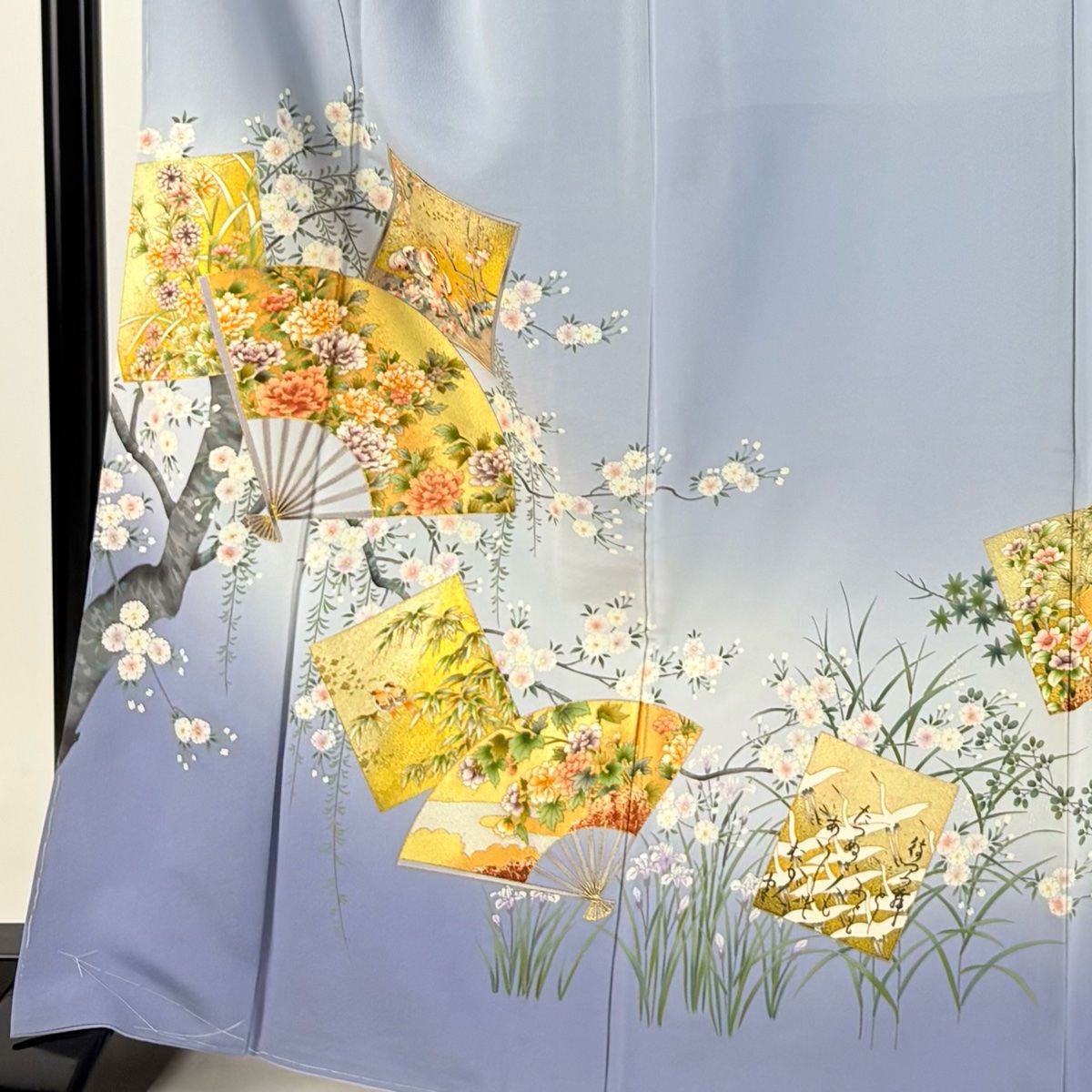 色留袖 身丈166cm 裄丈67cm M 袷 扇 色紙 金彩 青灰色 正絹 秀品