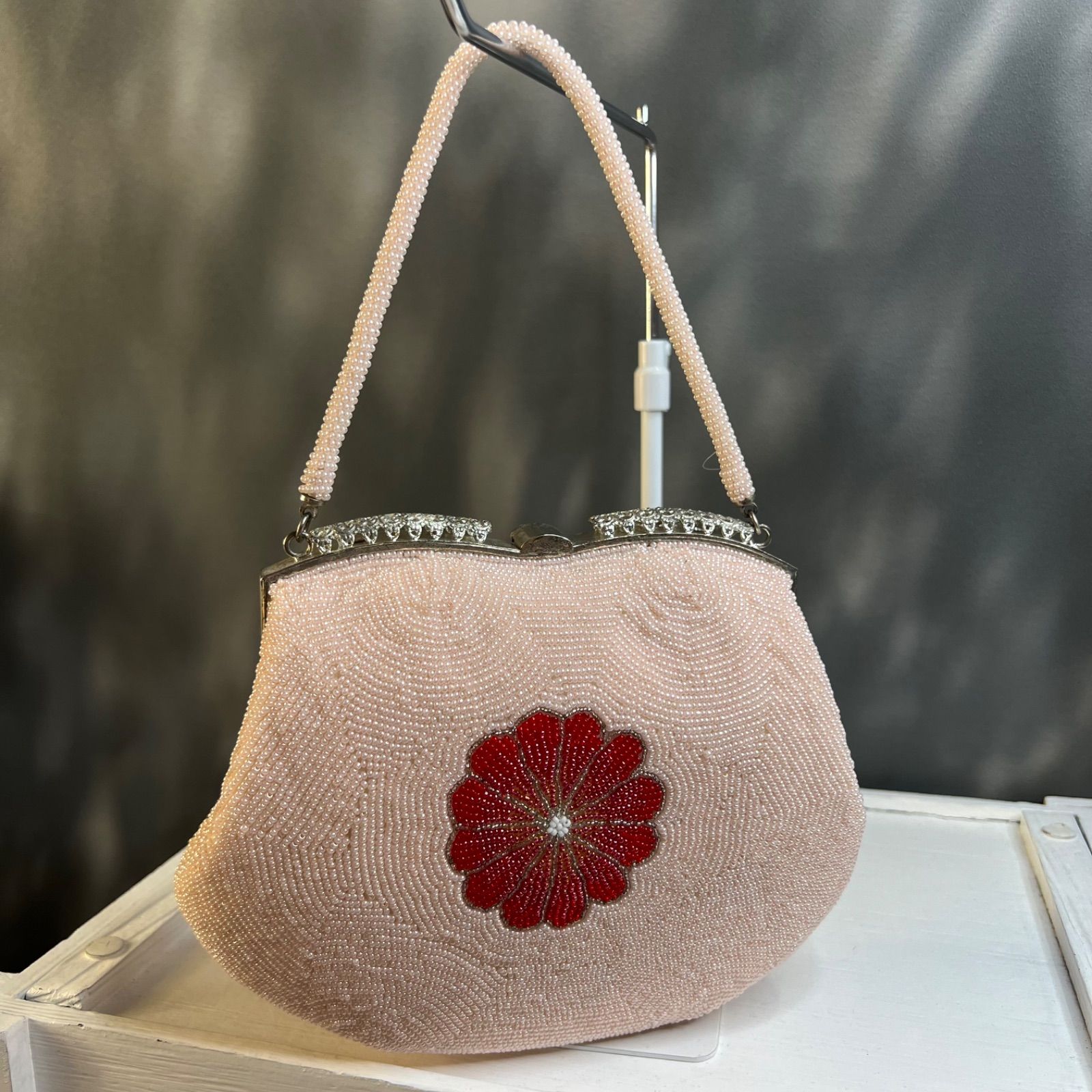 特価】ビーズバッグ 草履バッグセット 白赤 花 可愛い お洒落