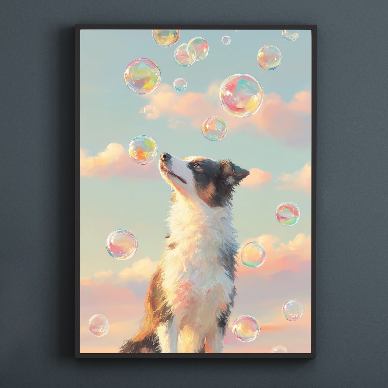 名入れOK 犬とシャボン玉 - ボーダーコリー犬 No.1 アートポスター うちの子記念日 ペットロス 北欧 ナチュラル