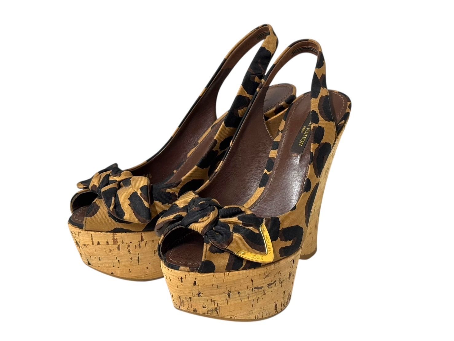 LOUIS VUITTON ルイヴィトン レオパード柄 サンダル ウェッジソール ブラウン ブラック ゴールド金具 サイズ34 1|2 4b006409