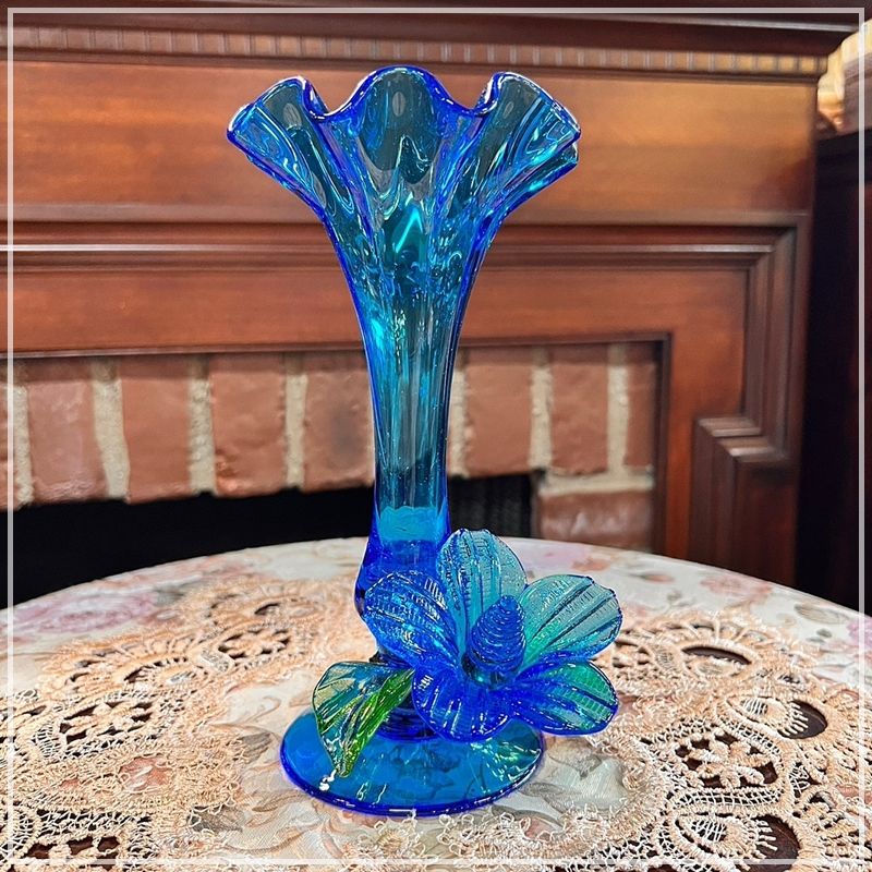 レトロ ブルー フリル 花瓶 青 花 フラワーベース 花器 綺麗 ガラス製