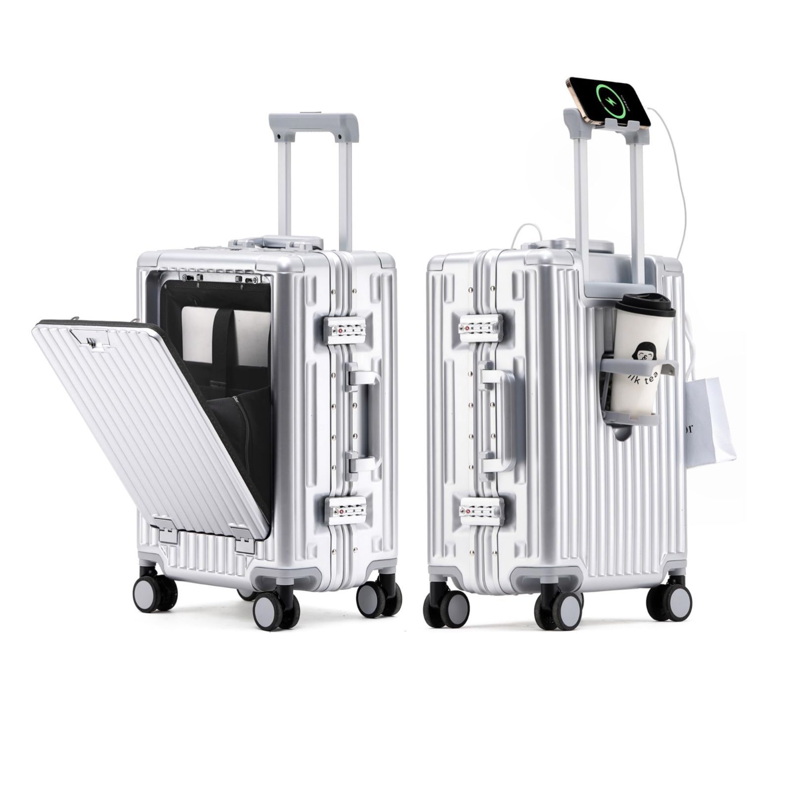 [DIKA] 2024高機能！スーツケース ストッパー付き フロントオープン 機内持ち込み キャリーケース ワンタッチオープン USBポート付き キャリーバッグ トップオープン カップホルダー付き パソ