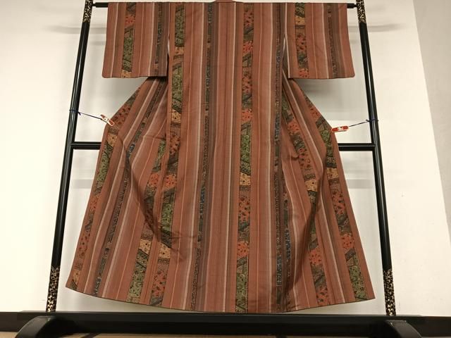 平和屋着物●上質な紬　麻の葉間道　縞　正絹　逸品　AAAY0089zg 平和屋着物○上質な紬 麻の葉間道 縞 正絹 逸品 AAAY0089zg