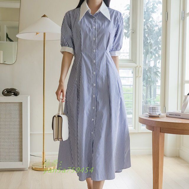 シャツワンピース ストライプ シャツワンピース 半袖 五分袖 カジュアル ロングシャツ カジュアル ワンピース 夏 春 おしゃれ レディース きれいめ 春 yan5a759454