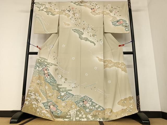 平和屋着物○訪問着 絞り 刺繍 仕覆草花文 正絹 逸品 AAAZ0223zg