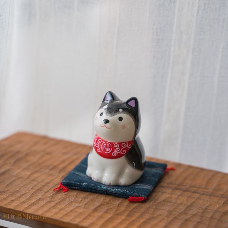 薬師窯 柴犬 置物 陶器/ わんこ日和お座り黒柴 /可愛い 商売繁盛
