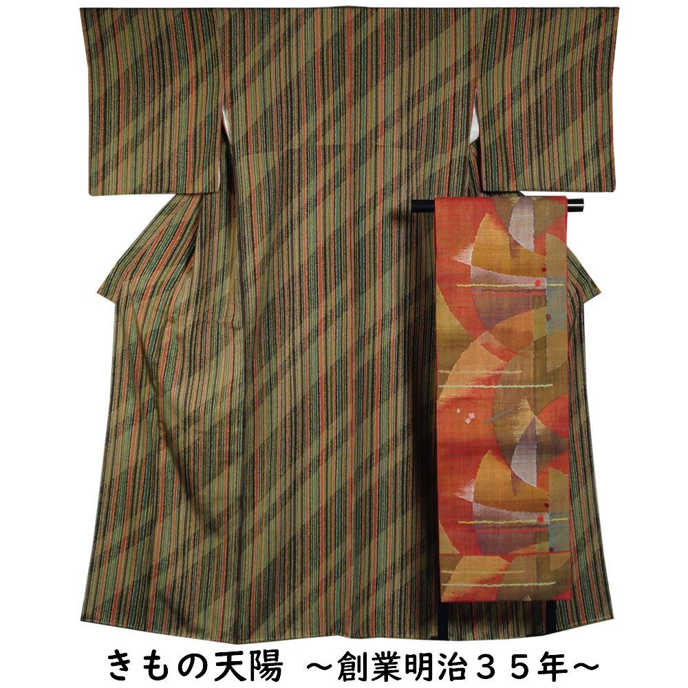 【春のお出かけに】★★未使用正絹小紋と八寸名古屋帯セット★★ 着物セット 小紋・八寸名古屋帯 2点 セット 縞模様 Lサイズ