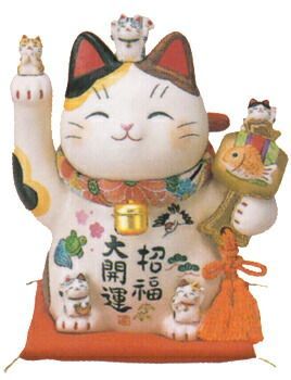 招き猫、陶器】彩絵招福大開運招き猫4号ちりめん首輪付【楽ギフ_メッセ】【
