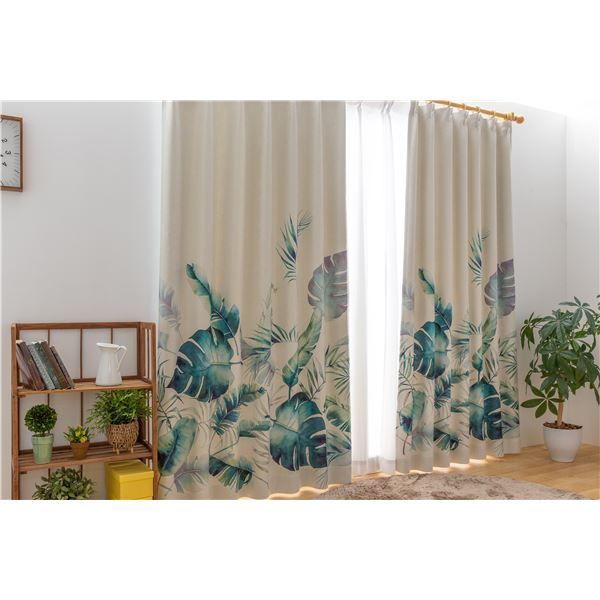 遮光カーテン 幅150cm×丈135cm リーフ柄 1枚 洗える 日本製 アジャスターフック タッセル付き 3級 遮光 カーテン プランシェ GN