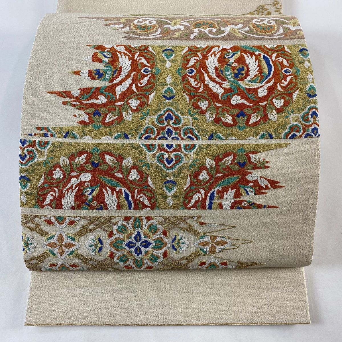 袋帯 蒋雪英 鳳凰 華文 相良刺繍 金糸 ベージュ お太鼓柄 正絹