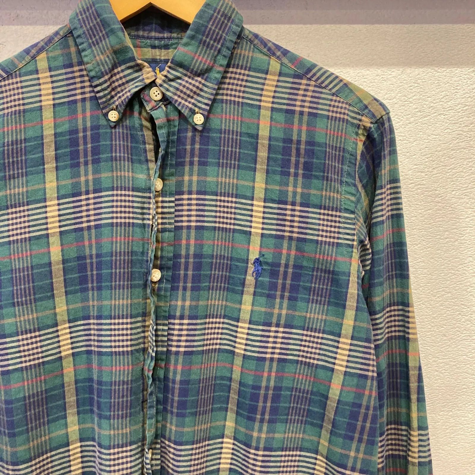 古着　Ｍ　ラルフローレン　RalphLauren ワンポイントロゴ　ボタンダウン　長袖ブランドシャツ　チェック柄　緑