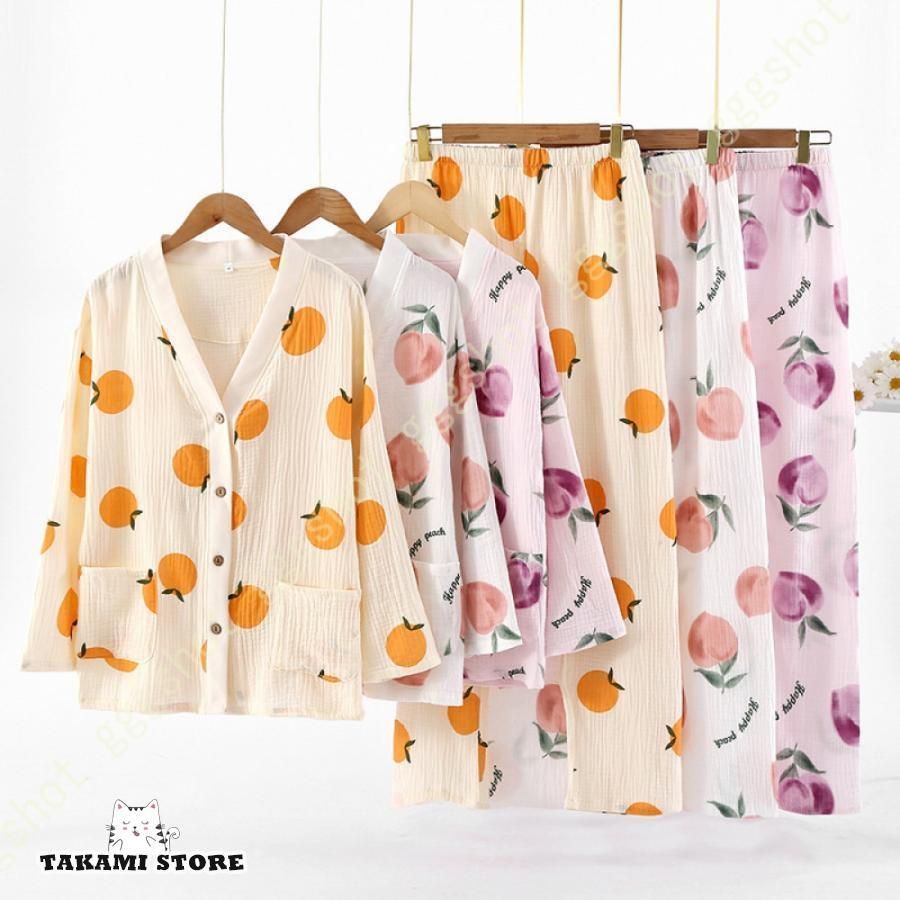 パジャマ レディース 長袖 綿 ルームウェア 上下セット かわいい 桃柄 肌に優しい ロングパンツ ゆったり ナイトウェア おしゃれ 部屋着 寝間着 便利服 旅行