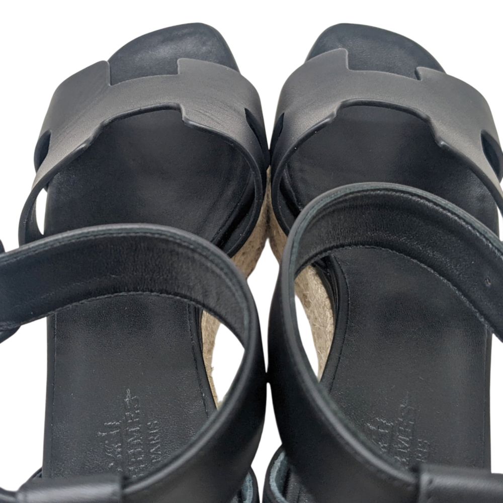 HERMES エルメス サンダル ブラック エルダ ウェッジソール 黒 レザー