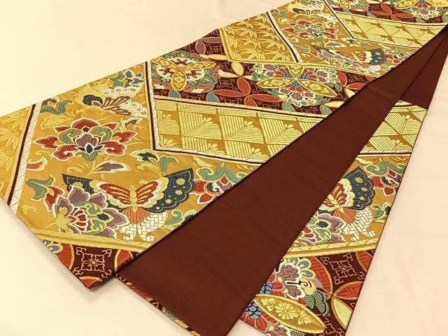 袋帯 金彩の上品な花唐草 正絹 着物 着付け 和装 HO-1083 平和屋着物◎佐賀錦 六通柄袋帯 唐織 渡橋草花文 金糸 正絹 逸品