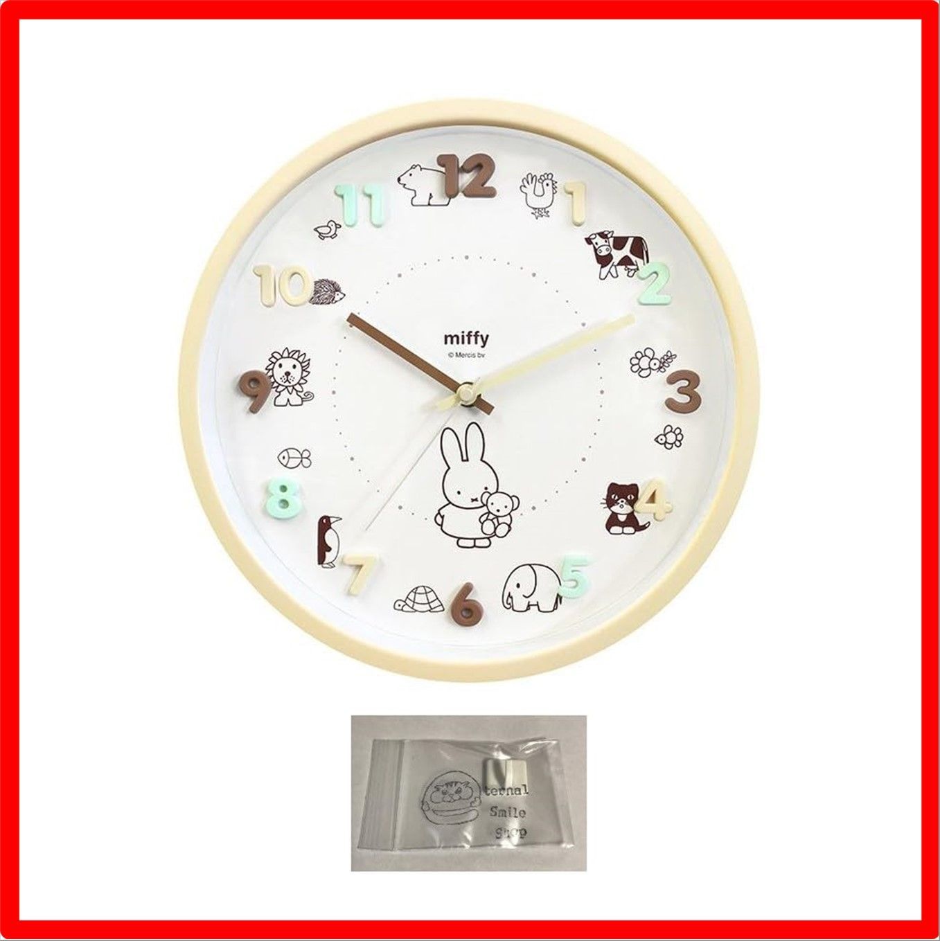 【送料無料 】 ミッフィー 掛け時計 アイコン 壁掛け時計 連続秒針 ウォール クロック miffy モカ セット（時計、フック）