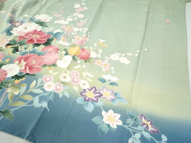 平和屋着物○訪問着 友禅 作家物 牡丹枝垂れ草花文 暈し染め 正絹 逸品