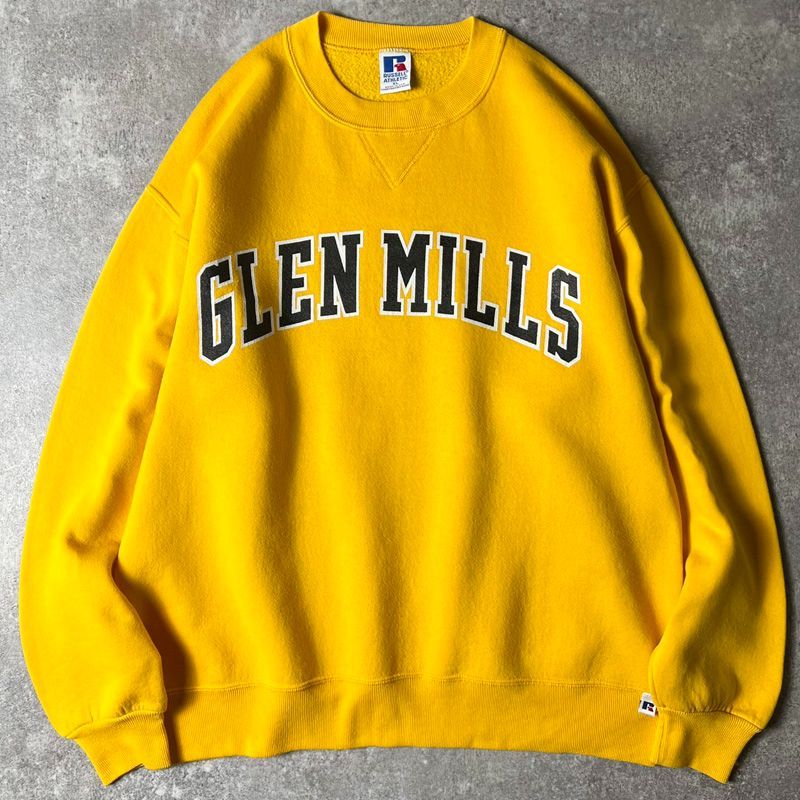 【USA製】90s Russell カレッジ スウェット 黄色 ビンテージ 90s USA製 RUSSELL カレッジ プリント 前V スウェット