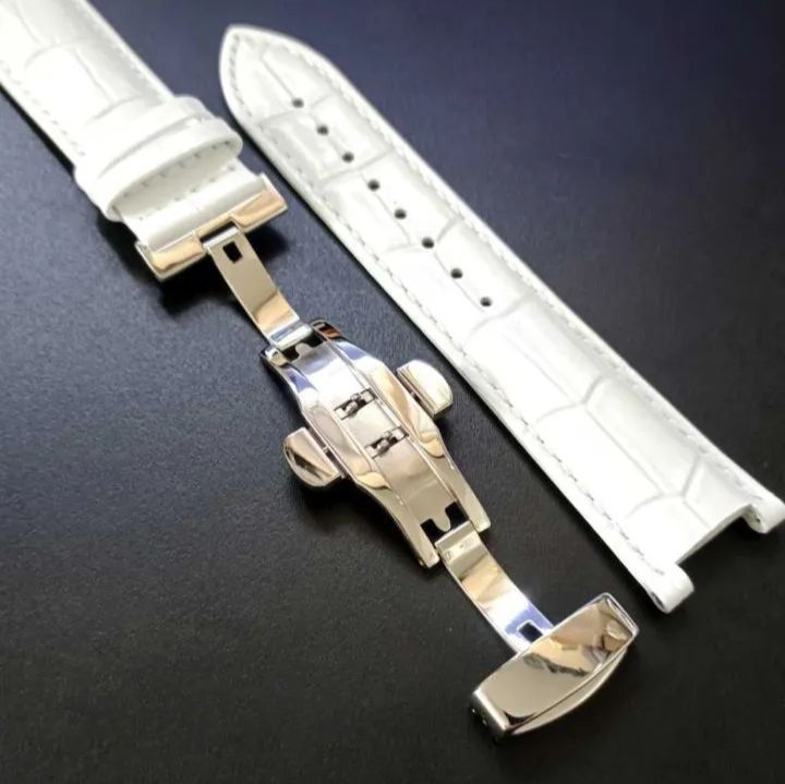 カルティエ・パシャC対応　ホワイト　カーフレザーベルト・バックル 22mm 腕時計 凹型 レザーベルト ホワイト 白 Dバックル 【対応