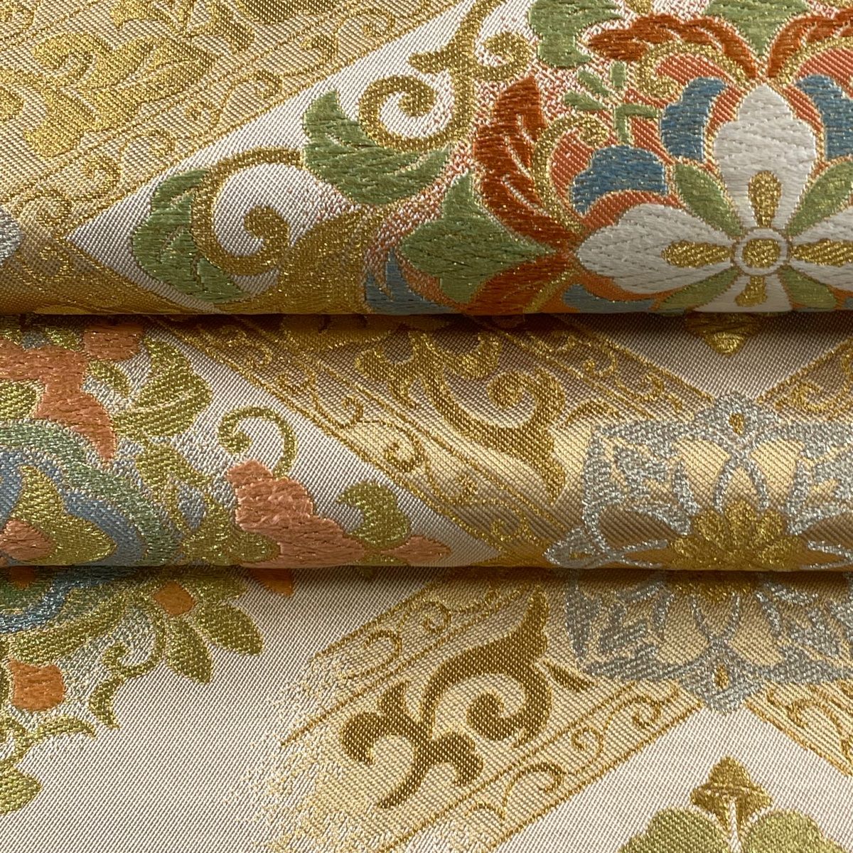 袋帯 美品 逸品 落款 川島織物 熨斗 華文 金銀糸 花織 灰茶 六通