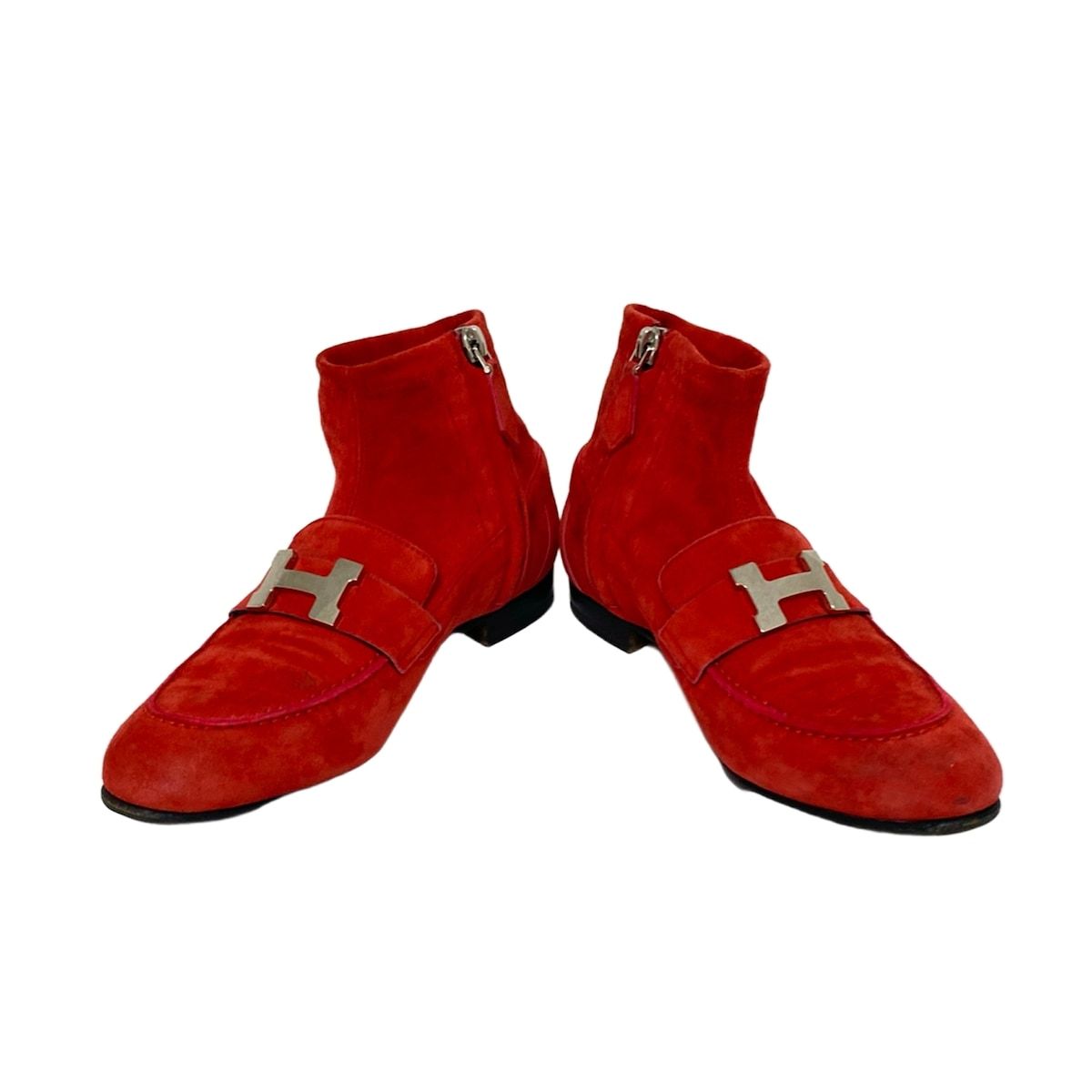 HERMES エルメス ショートブーツ 34 レディース サントノーレ レッド シルバー金具 H金具