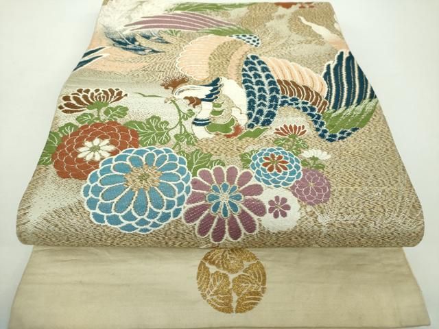 平和屋着物●アンティーク 大正ロマン 丸帯 引き抜き帯 唐織 花喰鳥 金糸 正絹 DAAY1546ps