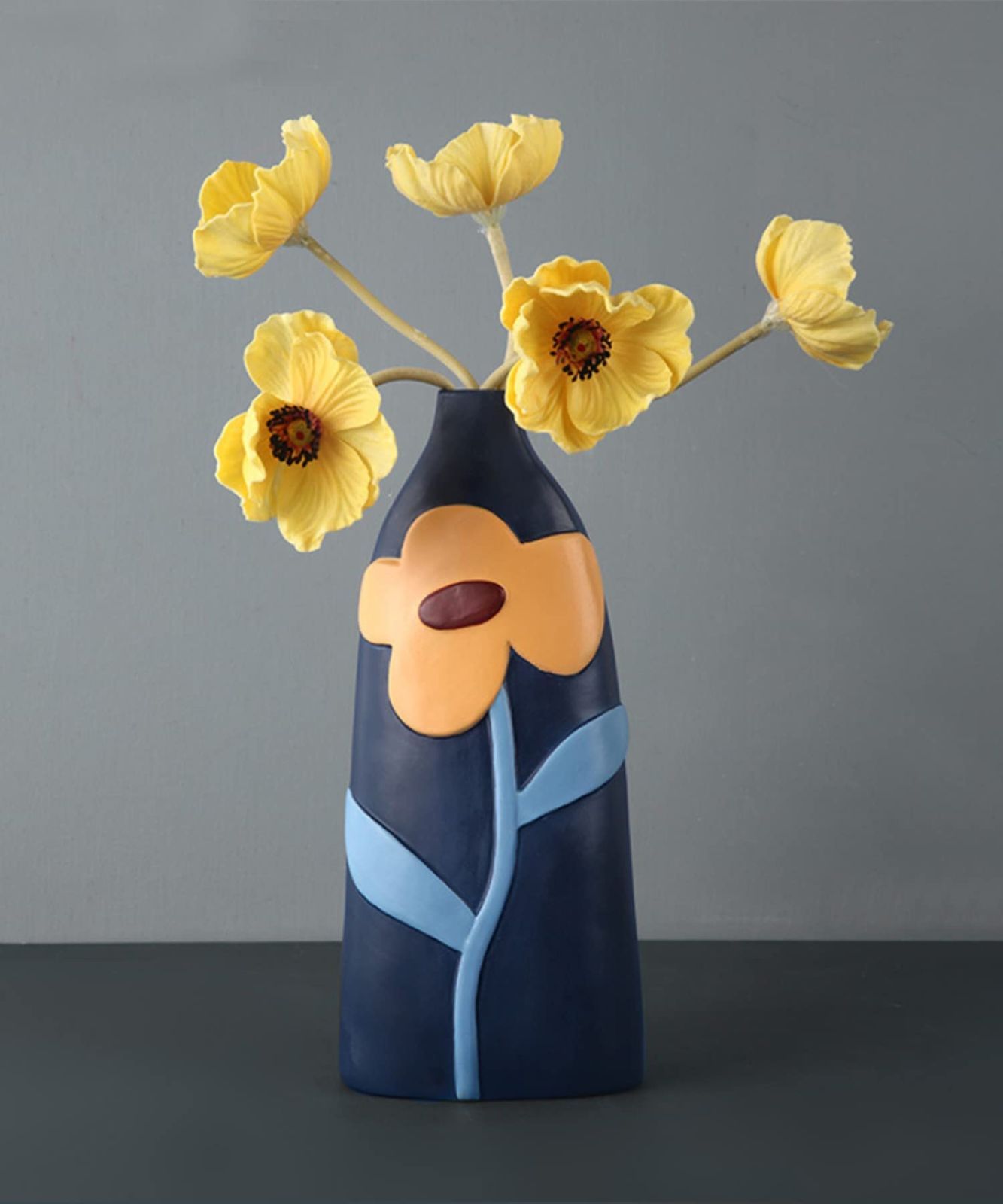 数量限定】カラフルなお花の陶器花瓶【ネイビー】 アイモハ FREE